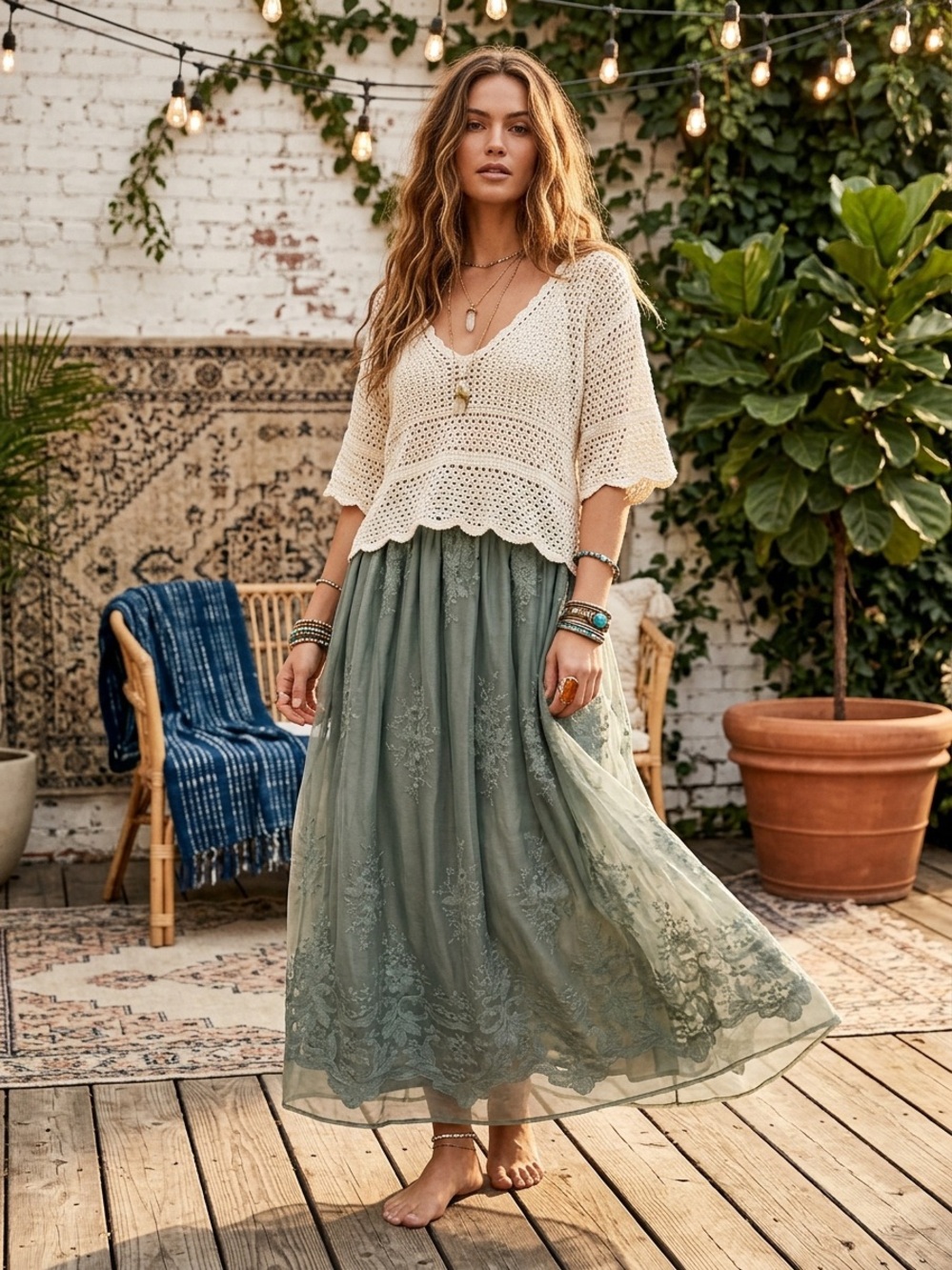 bohme Sage Green Embroidered Maxi Skirt